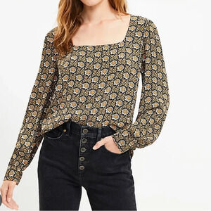 NWOT LOFT Garden Square Neck Blouse Long Sleeve Navy Floral XS